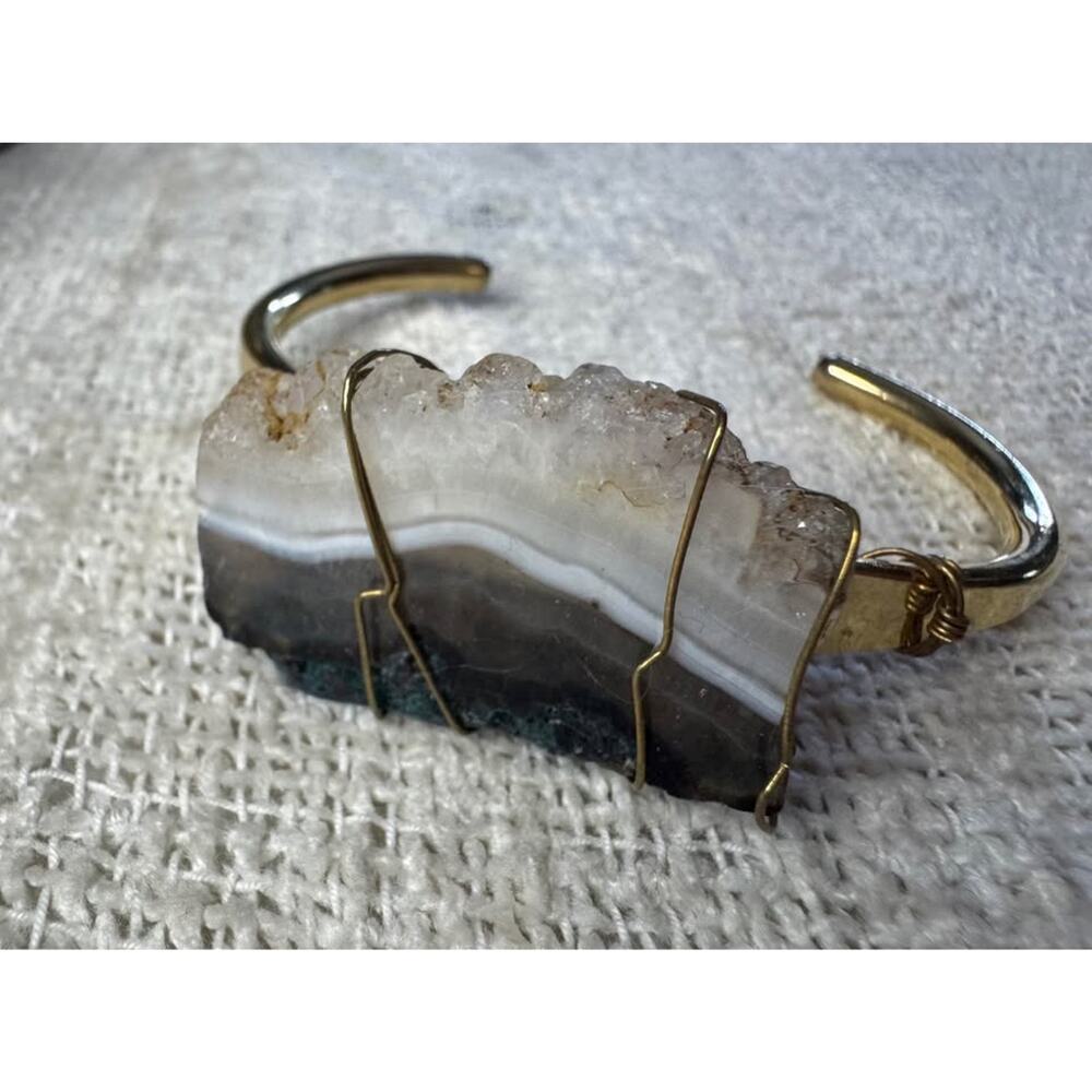 Bohemian Upcycled 70’s Gold Tone Brass Amethyst Stone Cuff Bracelet